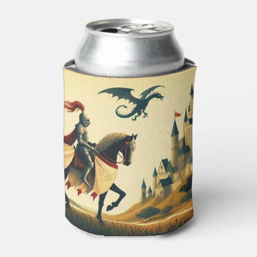 Middeleeuwse ridder/draak/kasteel fantasie blikjeskoeler (Blikje Voorkant)