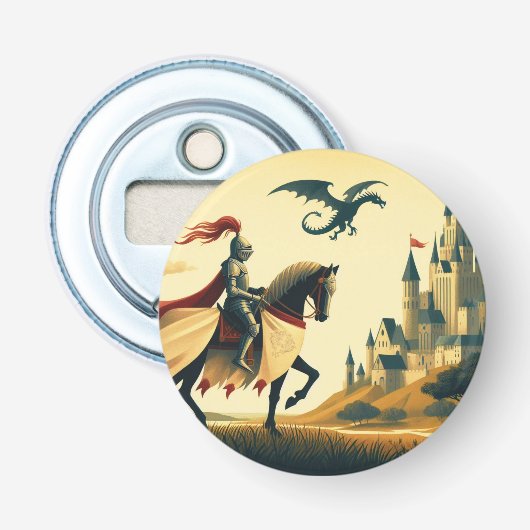 Middeleeuwse ridder/draak/kasteel fantasie button flesopener (Voorkant)