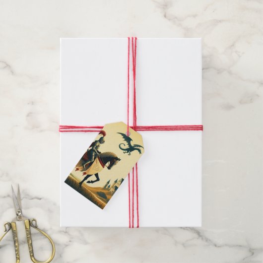 Middeleeuwse ridder/draak/kasteel fantasie cadeaulabel (Met Touw)