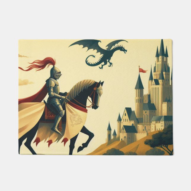Middeleeuwse ridder/draak/kasteel fantasie deurmat (Voorkant)