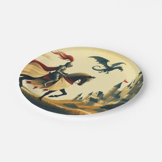 Middeleeuwse ridder/draak/kasteel fantasie papieren bordje (Gekanteld)