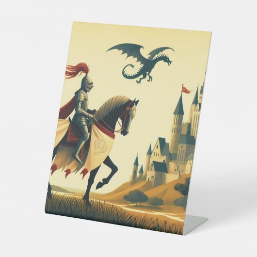 Middeleeuwse ridder/draak/kasteel fantasie reclamebord met voetstuk (Voorkant)