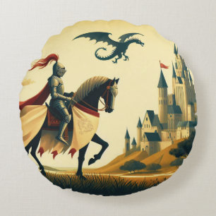Middeleeuwse ridder/draak/kasteel fantasie rond kussen