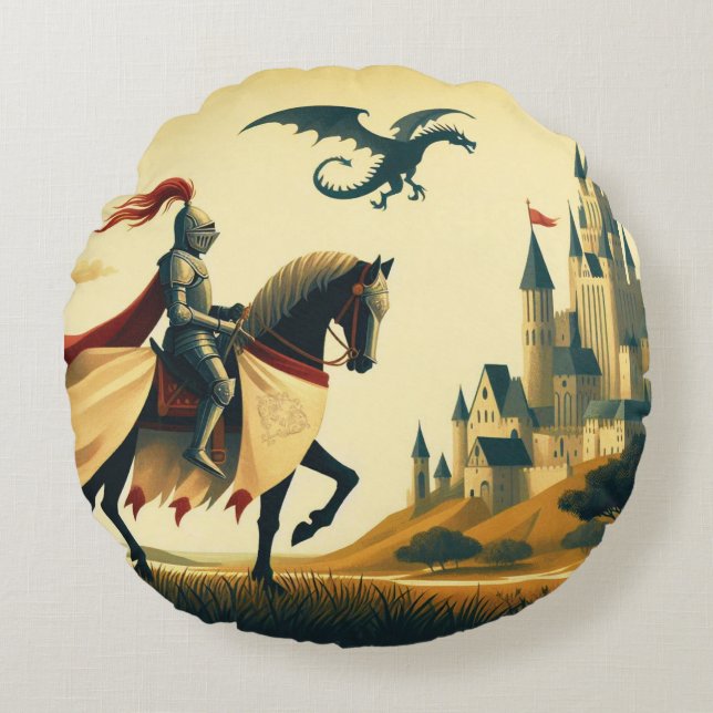 Middeleeuwse ridder/draak/kasteel fantasie rond kussen (Voorkant)