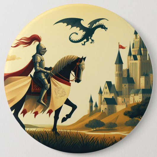 Middeleeuwse ridder/draak/kasteel fantasie ronde button 6,0 cm (Voorkant)