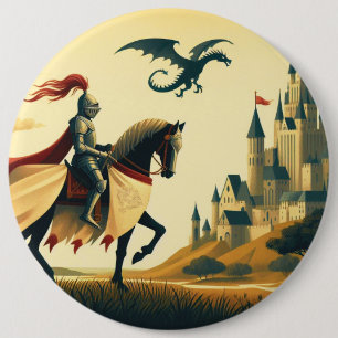 Middeleeuwse ridder/draak/kasteel fantasie ronde button 6,0 cm