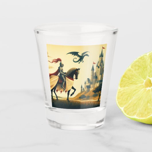 Middeleeuwse ridder/draak/kasteel fantasie shot glas (Voorkant)