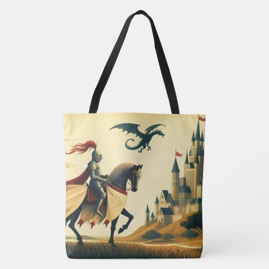 Middeleeuwse ridder/draak/kasteel fantasie tote bag (Voorkant)