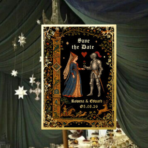 Middeleeuwse Ridder en Dame Manuscript Save the Da Folie Uitnodiging