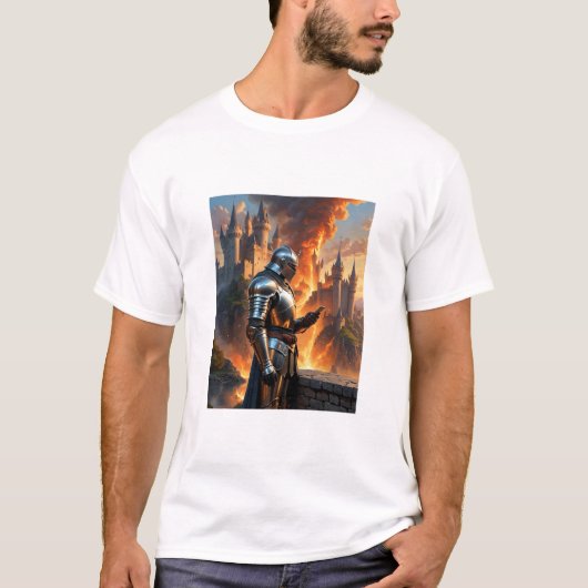 Middeleeuwse Ridder Funny Castle Fire Fantasy Art  T-shirt (Voorkant)