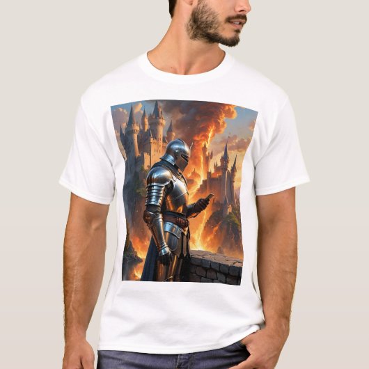 Middeleeuwse Ridder Funny Castle Fire Fantasy Art  T-shirt (Voorkant)