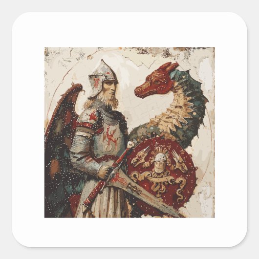 Middeleeuwse ridder met een draak vierkante sticker (Voorkant)
