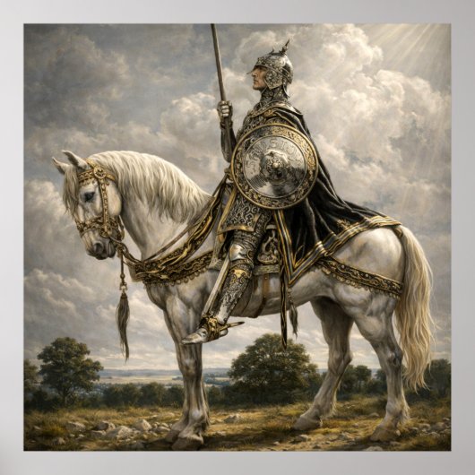 Middeleeuwse Ridder te Paard Retro Fantasie Kunst Poster (Voorkant)
