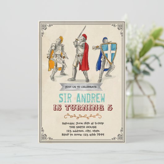 Middeleeuwse ridder verjaardag uitnodiging (Staand voorkant)