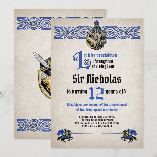 Middeleeuwse ridder verjaardagsuitnodiging kaart (Voorkant / Achterkant)