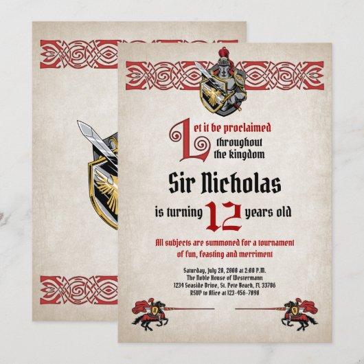 Middeleeuwse ridder verjaardagsuitnodiging kaart (Voorkant / Achterkant)