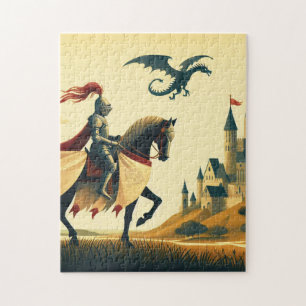 Middeleeuwse ridder/wyvern/kasteel fantasie legpuzzel