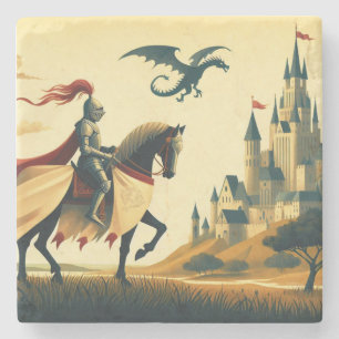 Middeleeuwse ridder/wyvern/kasteel fantasie stenen onderzetter