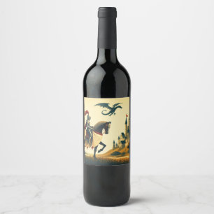 Middeleeuwse ridder & wyvern kasteel fantasie wijn etiket