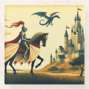 Middeleeuwse ridder/wyvern/kasteel fantsy glazen onderzetter