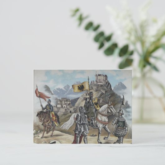 Middeleeuwse ridders paarden leeuwen kasteel parti briefkaart (Staand voorkant)