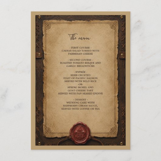 Middeleeuwse Rustieke Leren Waszegel Trouw Menu (Voorkant)