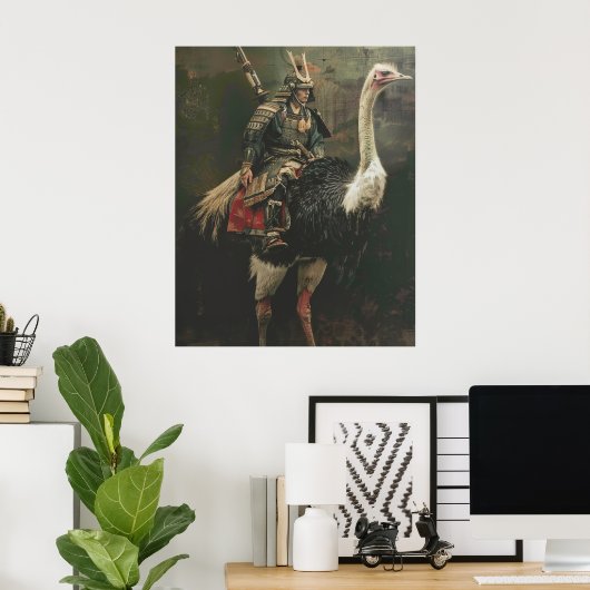Middeleeuwse Samurai Riding Ostrich Poster (Thuiskantoor)