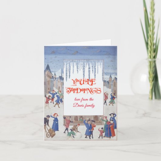Middeleeuwse sneeuw scène Yule Feestdagen Kaart (Voorkant)