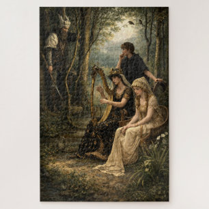 Middeleeuwse sprookjeskoningin in het bos met harp legpuzzel