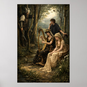 Middeleeuwse sprookjeskoningin in het bos met harp poster