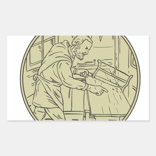 Middeleeuwse timmerman zagen houten cirkel retro rechthoekige sticker (Voorkant)
