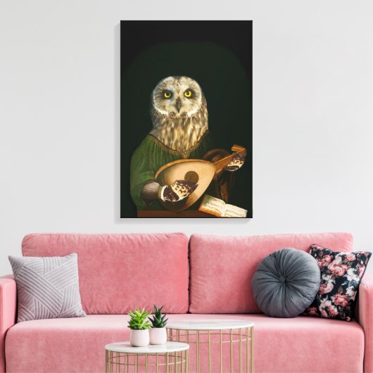 Middeleeuwse Uil Speelt de luit - Antropomorfe Kun Canvas Afdruk (Insitu (Woonkamer))