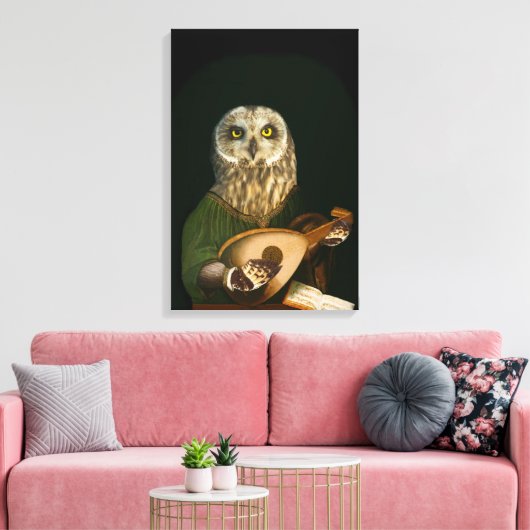 Middeleeuwse Uil Speelt de luit - Antropomorfe Kun Canvas Afdruk (Insitu (Woonkamer))