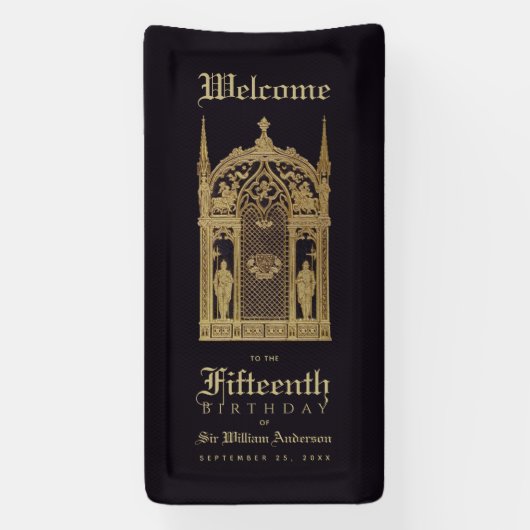 Middeleeuwse Verjaardag Welkom Gotische Ridder Zwa Spandoek (Verticaal)