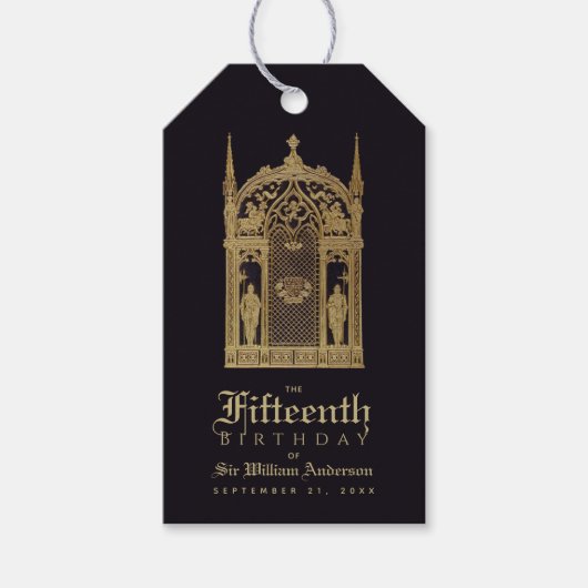 Middeleeuwse Verjaardag Zwart Goud Ridder Elegant  Cadeaulabel (Voorkant)