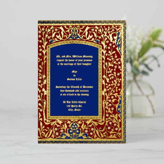 Middeleeuwse verlichte stijl Bloemen Lijst bruilof Folie Uitnodiging (Staand Voorkant)