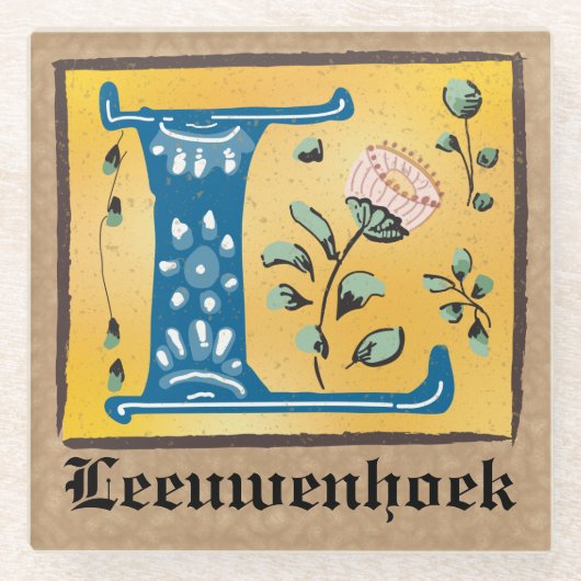 Middeleeuwse verlichting met L-monogram Glazen Onderzetter (Voorkant)