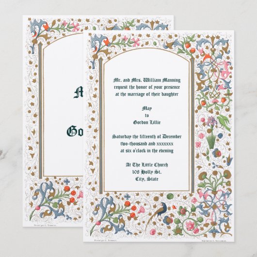 Middeleeuwse Verluchte Vogels & Bloemen Bruiloft Kaart (Voorkant / Achterkant)