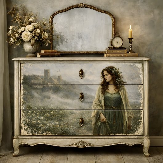 Middeleeuwse Vrouw Dorps Landschap Scene Decoupage Tissuepapier
