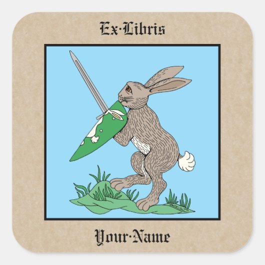 Middeleeuwse Warrior Rabbit Bookplate Vierkante Sticker (Voorkant)