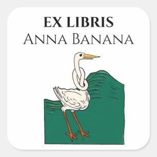 Middeleeuwse witte langnek vogel ex-libris vierkante sticker