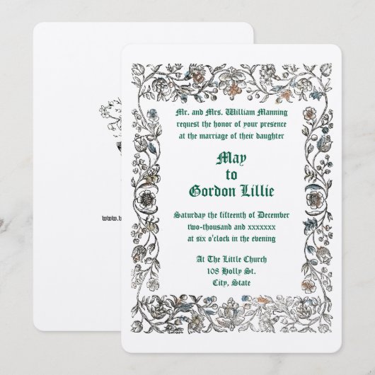 Middeleeuwse Woodblock Style Bloemen Border Weddin Kaart (Voorkant / Achterkant)