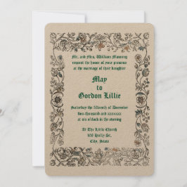 Middeleeuwse Woodblock Style Bloemen Border Weddin Kaart