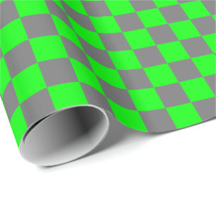 Middelgrijs en limoengroen geruit cadeaupapier