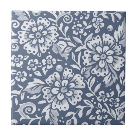 Middelgroot denim Blue Flower Floral Leaf Pattern Tegeltje (Voorkant)