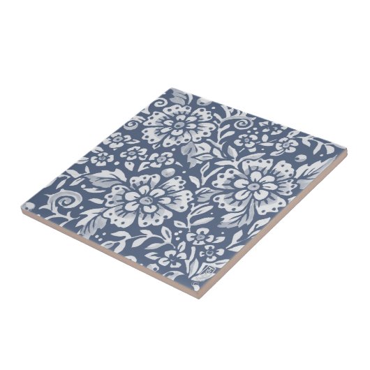 Middelgroot denim Blue Flower Floral Leaf Pattern Tegeltje (Zijkant)