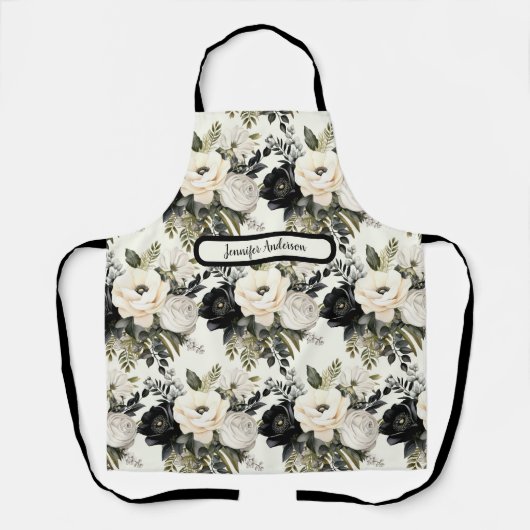 Middelgroot Zwart-wit Bloemen Schort (Voorkant)