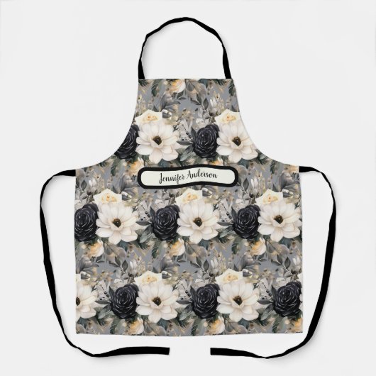 Middelgroot Zwart-wit Bloemen Schort (Voorkant)