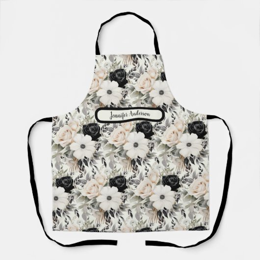 Middelgroot Zwart-wit Bloemen Schort (Voorkant)