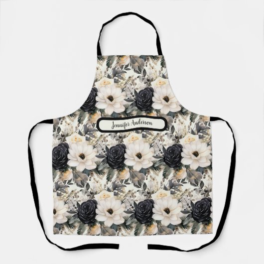 Middelgroot Zwart-wit Bloemen Schort (Voorkant)